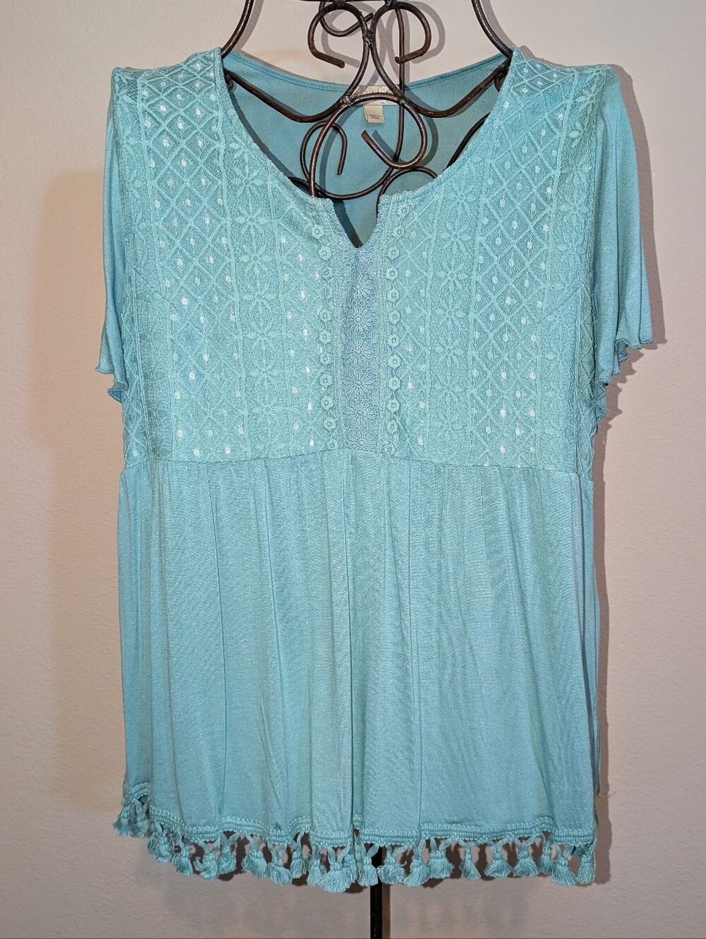 Live and Let Live Light Aqua Torquoise  Embroidered Tassel-Hem Babydoll Tunic